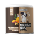 Runde Dose mit der Aufschrift 'Tierliebhaber Analdrüsen Drops' zeigt einen Cartoon-Hund, Abbildungen von Früchten und Öl sowie den deutschen Text 'für feste Häufchen'.