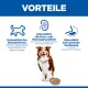Hund mit Futternapf unter der Überschrift 'VORTEILE'; Symbole und deutsche Beschriftungen: Energieniveau, Herz- und Nierengesundheit, gesunde Verdauung