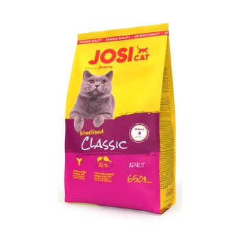 JosiCat Sterilised Classic Katzenfutterbeutel für erwachsene Katzen, 650g, mit grauem Katzenbild und Urin-pH-Kontroll-Label.
