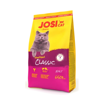 JosiCat Sterilised Classic Katzenfutterbeutel für erwachsene Katzen, 650g, mit grauem Katzenbild und Urin-pH-Kontroll-Label.