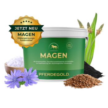 Grüner Eimer beschriftet mit "PFERDEGOLD" mit dem Text "VERDAUNUNGSGLÜCK", umgeben von Samen, einem Apfel und einem Wurzelgemüse.