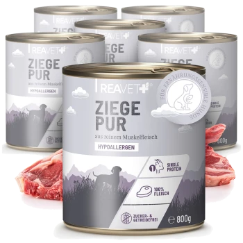 Dosen von REAVET Ziege Pur hypoallergenem Hundefutter mit Ziegenmuskelfleisch, Einzelprotein, zucker- und getreidefrei, 800g.