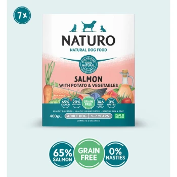 Packaging of Naturo Natural Dog Food featuring salmon with potato and vegetables, highlighting 65% salmon, grain-free, and 0% nasties.
