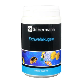 Behälter mit Silbermann Schwefelkugeln für den Aquariengebrauch, mit bunten Fischgrafiken und beschriftet mit "Inhalt: 1000 ml."