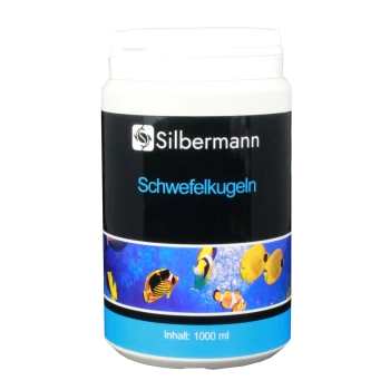 Behälter mit Silbermann Schwefelkugeln für den Aquariengebrauch, mit bunten Fischgrafiken und beschriftet mit "Inhalt: 1000 ml."