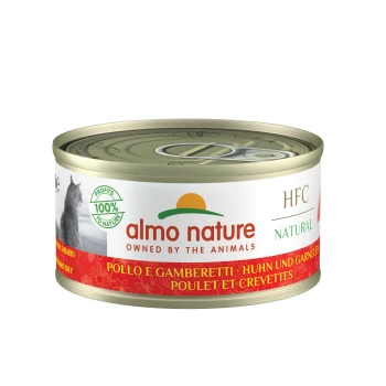Almo Nature kattenvoerblik, met 'HFC Natural' label, met smaken 'Pollo e Gamberetti' (kip en garnalen) en '100% to Nature' claim.