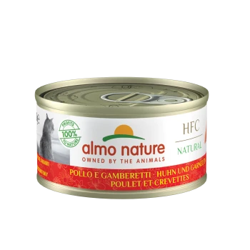 Boîte de nourriture pour chat Almo Nature, avec l'étiquette 'HFC Natural', avec les saveurs 'Pollo e Gamberetti' (poulet et crevettes) et la mention '100% to Nature.'