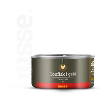 Dosen-Haustierfutter mit der Aufschrift "Tonfisk i gelé" (Thunfisch in Gelee) von Husse, 80g, mit einem Katzenlogo und Nährwertangaben.
