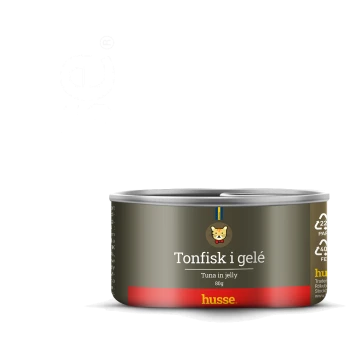 Dosen-Haustierfutter mit der Aufschrift "Tonfisk i gelé" (Thunfisch in Gelee) von Husse, 80g, mit einem Katzenlogo und Nährwertangaben.