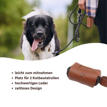 Ein glücklicher schwarz-weißer Hund wird von einer Person ausgeführt, mit einem Leder-Abfallbeutelhalter, der seine Tragbarkeit und Qualität zeigt.