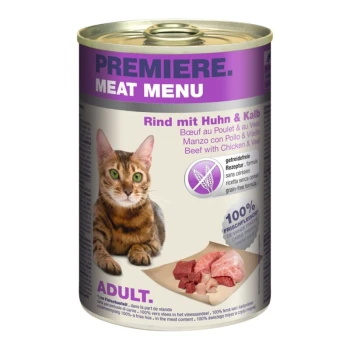 Meat Menu Adult Rind mit Kalb und Huhn 6x400 g Dose Katzenfutter mit einer Bengal-Katze auf dem Etikett, mit dem Text 'Premiere Meat Menu' und 'Rindfleisch mit Huhn & Kalb', getreidefreies Rezept.