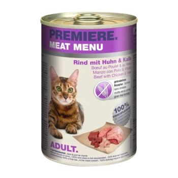 Dose Katzenfutter mit einer Bengal-Katze auf dem Etikett, mit dem Text 'Premiere Meat Menu' und 'Rindfleisch mit Huhn & Kalb', getreidefreies Rezept.