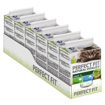 Sechs Packungen "Perfect Fit Natural Vitality" Katzenfutter, die eine Katze zeigen und "95% Proteine" und "Erwachsene 1+" auf der Verpackung hervorheben.