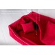 Rotes Haustierbett mit plüschigem Innenraum und einem kleinen passenden Kissen, mit Text über das weiche Velours-Außenmaterial und die plüschige Fütterung.
