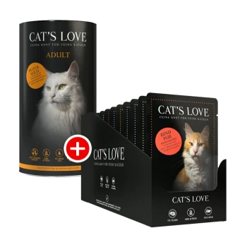 Die Verpackung von Cat's Love Haustierfutter mit einer zylindrischen Dose, die mit "ADULT" beschriftet ist, und Beuteln mit einem orangefarbenen Tab, der "RIND PUR" sagt.