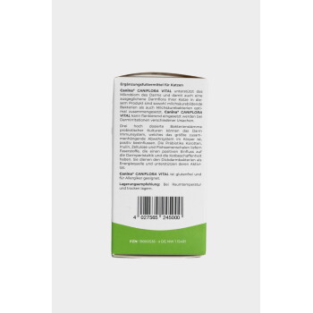Rückseite der Canina CANIFLORA VITAL Katzen-Supplementverpackung mit deutschem Text, Barcode und grünem unteren Bereich.