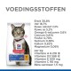 Huisdiervoer verpakking met een tabby kat, met voedingsinformatie inclusief eiwitten, vetten en vitamines, gelabeld 'Hill's Science Plan Oral Care.'