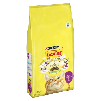 Yellow bag of Purina GoCat cat food, 2kg, featuring a cat's face, "5 Promises" label, and "with a taste of chicken and duck."