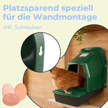 Grüne wandmontierte Hühnernestbox mit einsteigender Henne, Einsatz mit Schlüssellochaufhängung, sichtbarer Text 'Platzsparend ... Wandmontage'.