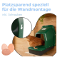 Grüne wandmontierte Hühnernestbox mit einsteigender Henne, Einsatz mit Schlüssellochaufhängung, sichtbarer Text 'Platzsparend ... Wandmontage'.