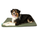 Dreifarbiger Australian Shepherd liegt auf einer olivgrünen rechteckigen Haustiermatte, Zunge herausgestreckt; kleines grünes Etikett mit weißem Text sichtbar.