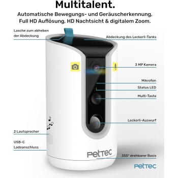 Intelligente Haustierkamera mit 3 MP Auflösung, Nachtsicht, Leckerli-Spender, Mikrofon und 355° drehbarem Sockel. Marke: PetTec.