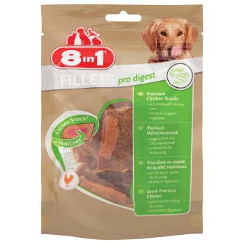 Fillets Pro Digest 8x80g 8in1 Fillets pro digest Hundeleckerlis Verpackung mit hochwertigen Hühnersnacks, angereichert mit Chicorée-Wurzel zur Unterstützung der Verdauung.
