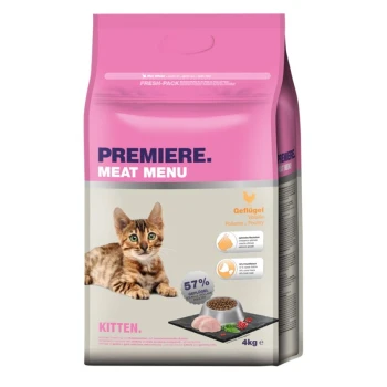Katze Futterbeutel mit der Aufschrift 'Premiere Meat Menu' für Kätzchen, mit einer getigerten Katze, 57% Geflügelanteil und einem Gewicht von 4 kg.