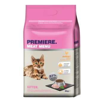 Sac de nourriture pour chat étiqueté "Menu de Viande Première" pour chatons, avec un chat tigré, contenant 57 % de volaille et pesant 4 kg.