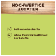 Groene achtergrond met tekst "HOCHWERTIGE ZUTATEN" en twee vinkjes: "Fettarme Leckerlis" en "Ohne Zusatz künstlicher Farbstoffe."