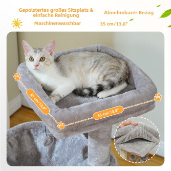 Katze spielt mit einem Bommelspielzeug in einer supergroßen 40 cm Hängematte, geräumig und stabil für große Katzen.