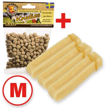 Yaky Kaukäse M 3er Set +Snack Hundetraining-Snacks mit Käse, glutenfrei, getreidefrei, ohne Zucker oder Salz, mit einer Packung kleiner Leckerlis und drei Kaustangen.