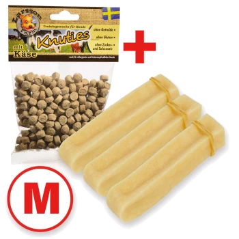 Hundetraining-Snacks mit Käse, glutenfrei, getreidefrei, ohne Zucker oder Salz, mit einer Packung kleiner Leckerlis und drei Kaustangen.