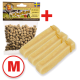 Hundetraining-Snacks mit Käse, glutenfrei, getreidefrei, ohne Zucker oder Salz, mit einer Packung kleiner Leckerlis und drei Kaustangen.