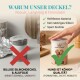 Dose mit Haustierfutter mit teilweise entferntem Deckel, Pfeile heben Frische und Geruchsdichtung hervor. Text: "Hält Futter frisch & schließt Gerüche ein."