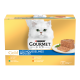 Purina Gourmet Gold kattenvoedseldoos met een witte langharige kat, een bord met moussepaté; etiket 'Les Mousselines Mousse' en '12x 85g'.