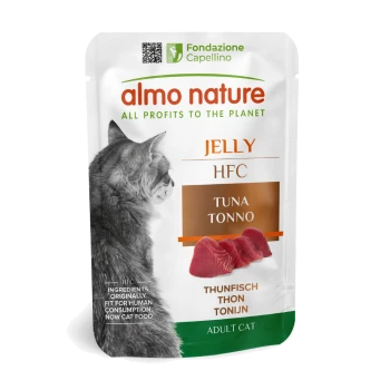 Beutel mit Almo Nature Katzenfutter in Gelee, mit Thunfisch, mit einer Katzensilhouette an der Seite; beschriftet mit "HFC TUNA" und "ADULT CAT."