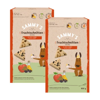 Zwei 800g Pakete "Sammy's Fruchtschnitten" Tierfruchtscheiben, mit einem Cartoonhund und Obstillustrationen.