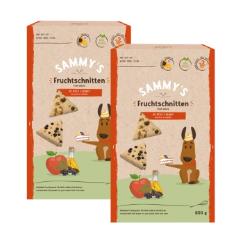Deux paquets de 800g de "Sammy's Fruchtschnitten" tranches de fruits pour animaux, présentant un chien de dessin animé et des illustrations de fruits.