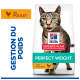 Hill's Science Plan Katzenfutterbeutel mit getigerter Katze, beschriftet 'Perfect Weight', 'with chicken' und 'GESTION DU POIDS'.