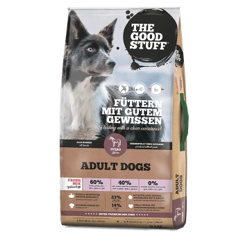Hundefutterbeutel mit der Aufschrift "THE GOOD STUFF" mit einem Hundebild, das zweisprachigen Text über verantwortungsvolle Fütterung und Ernährung enthält: 60% Fleisch, 40% Gemüse.