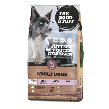 Sac de nourriture pour chiens étiqueté "THE GOOD STUFF" avec une image de chien, présentant un texte bilingue sur l'alimentation responsable et la nutrition : 60 % de viande, 40 % de légumes.