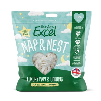 Burgess Excel Nap & Nest paper bedding, teal-green bag with heart window showing white shreds, for small animals