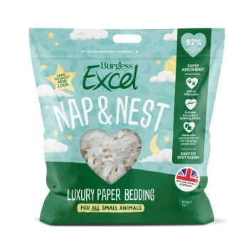Burgess Excel Nap & Nest paper bedding, teal-green bag with heart window showing white shreds, for small animals