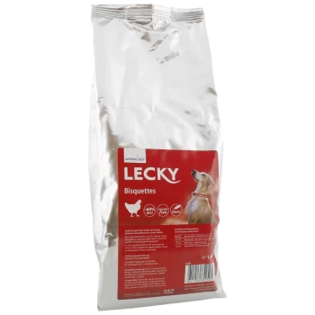 Silberne Tüte Lecky Bisquettes Hundeleckerlis mit 60 % Fleisch, glutenfrei, und einem Hundebild auf dem roten Etikett.