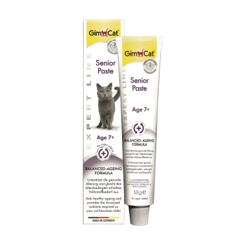 GimCat Senior Paste tube en doos met afbeelding van een grijze kat, Leeftijd 7+, Balanced-Ageing Formula, 'No sugar added' (50 g).
