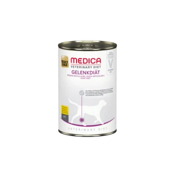 Nourriture pour chien en conserve étiquetée "Select Gold Medica Veterinary Diet Gelenkdiaet," avec une silhouette de chien et des informations multilingues sur le régime articulaire.