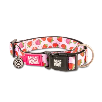 Pinkes Haustierhalsband mit Erdbeermuster, schwarzer Schnalle, Metallring und Anhängern mit der Aufschrift „Max & Molly Urban Pets“ und „Ich bin verloren, bitte bring mich zurück.“