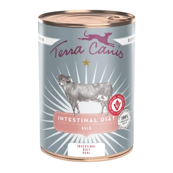 Terra Canis Dosenfutter beschriftet 'Intestinal Diät Kalb' mit Kuhillustration und goldenem Stern