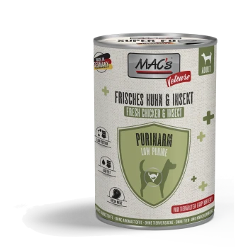 Dose MAC's Vetcare Erwachsenen-Hundefutter mit frischem Huhn und Insekt, purinarm, proteinarm, fettarm, hergestellt in Deutschland.